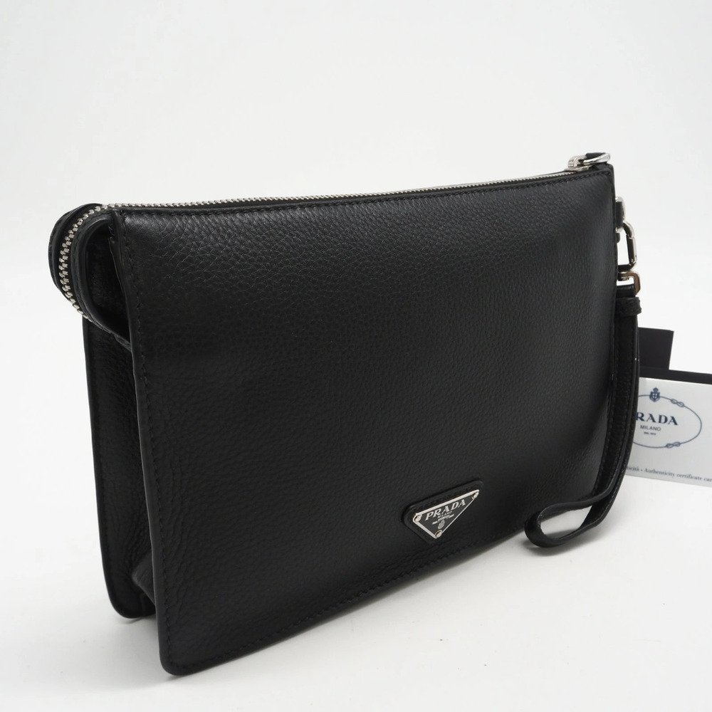 Prada Vitello City Leather Plate Shoulder Bag Nero Black Clutch Black Calf
